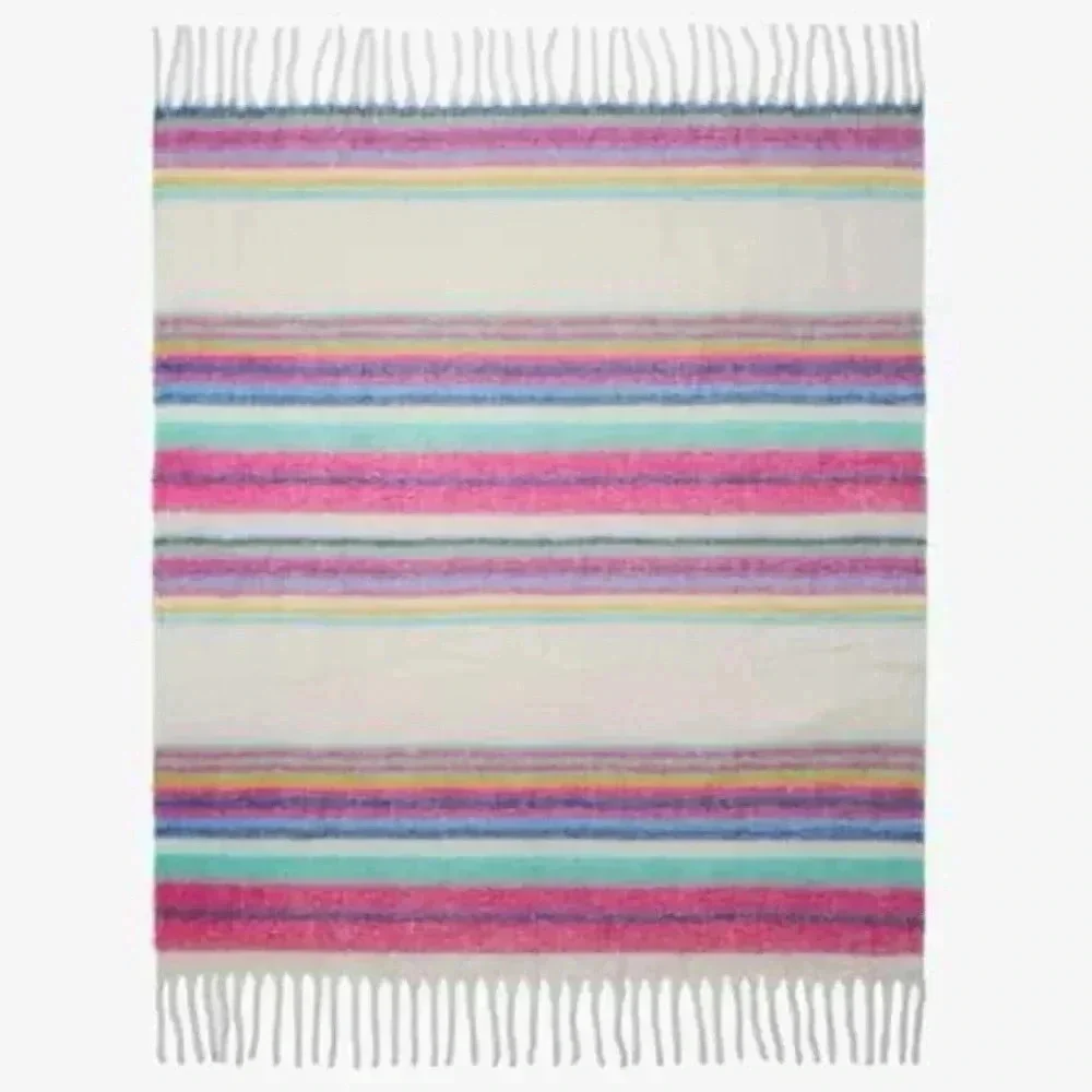 Free People Skye Stripe Fringe Throw Blanket, Cozy Rainbow Accent Blanket, OS